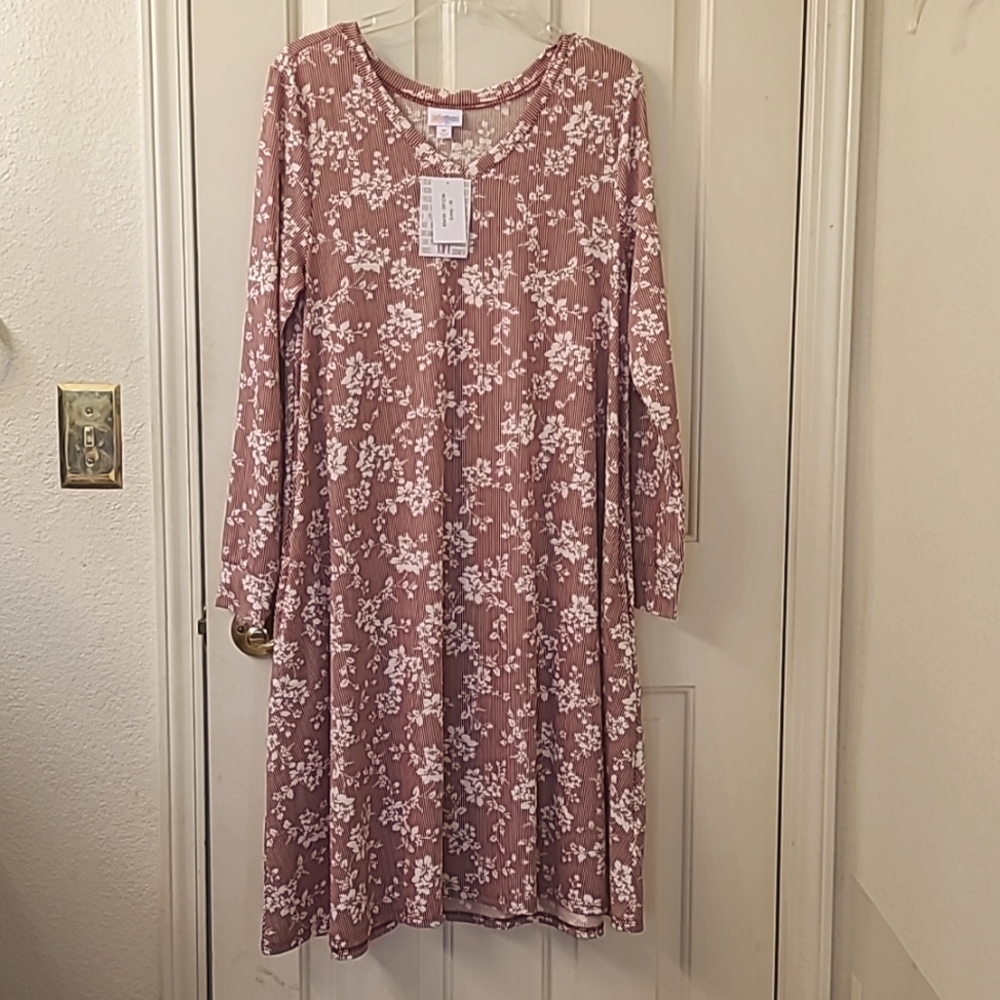 LulaRoe Dark Raspberry Pinstripe Floral Emily Dress sz M, NWT
